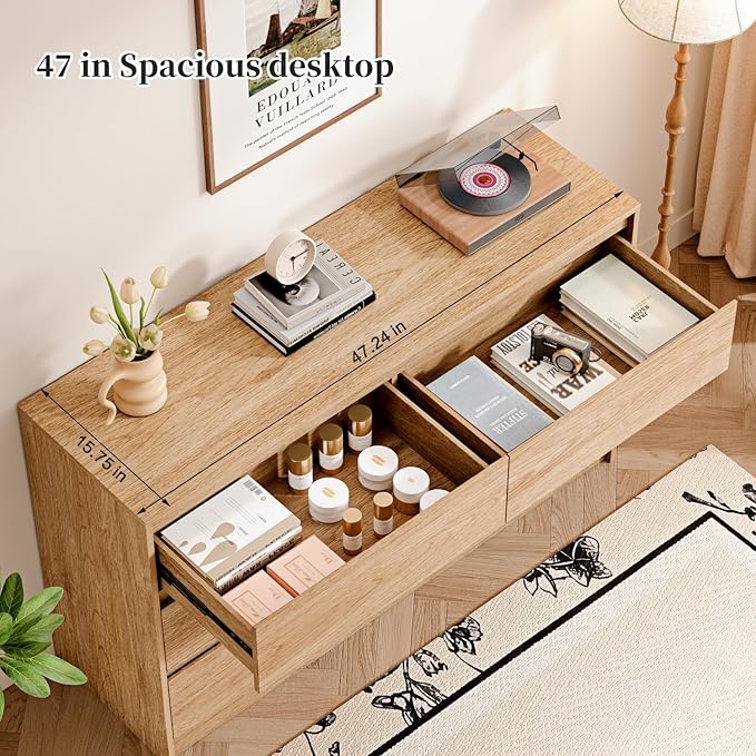 6 Drawer Dresser,47" Wide Mid Century Chest of Drawers,Wooden Bedroom Drawer Dresser with 6 Storage Drawers for Bedroom,Living Room,with Anti-Tipping Device,Natural