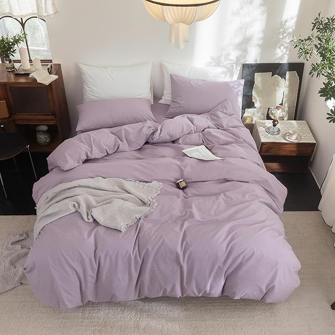 FOSSA Duvet Cover Set 100% Washed Cotton Linen Feel Super Soft Breathable Cozy 3 Pieces Bedding Sets Solid Light Purple King