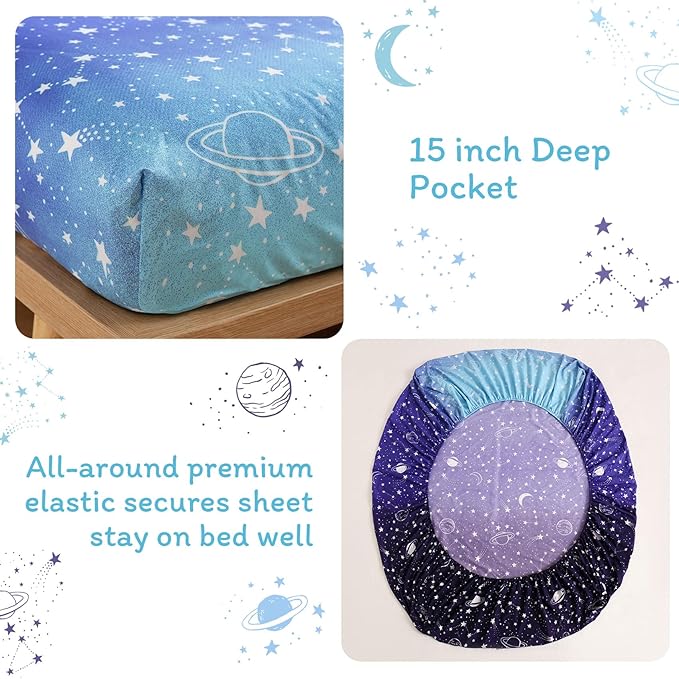 JSD Gradient Blue Moon Stars Kids Sheet Set Twin Size, 3 Piece Space Theme Microfiber Sheets Deep Pocket