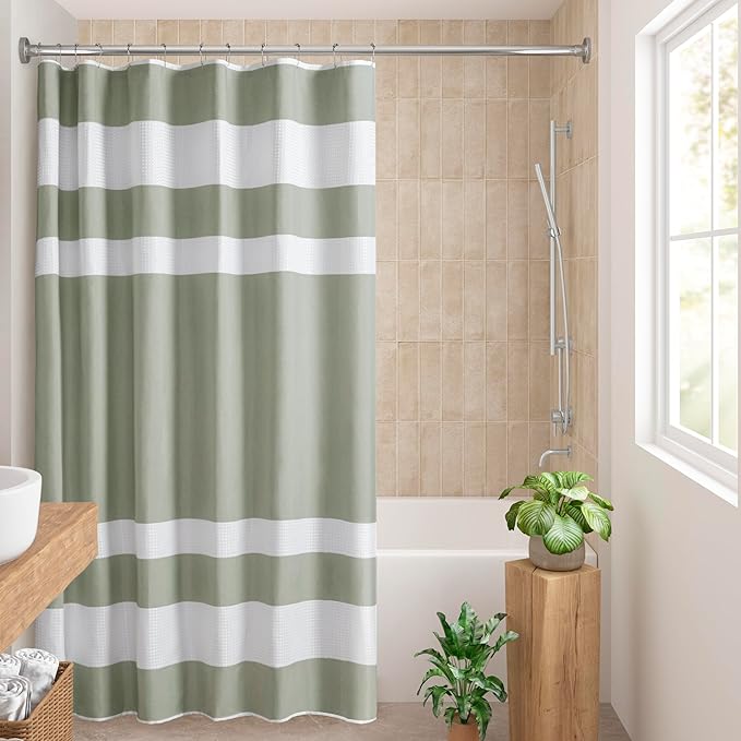 Madison Park Shower Curtain Spa Waffle Weave Long Shower Curtain for Bathroom 3M Scotchgard Moisture Management, Spa Quality Modern Shower Curtains for Bathroom, Long 72x78 Sage Green