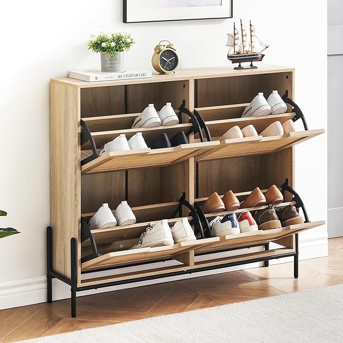 IDEALHOUSE Rattan Shoe Storage Cabinet with 4 Flip Drawers, Freestanding Shoe Organizer with Adjustable Shelves for Entryway, Narrow Shoe Rack Cabinet, Farmhouse Slim Shoe Cabinet, Oak