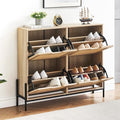 IDEALHOUSE Rattan Shoe Storage Cabinet with 4 Flip Drawers, Freestanding Shoe Organizer with Adjustable Shelves for Entryway, Narrow Shoe Rack Cabinet, Farmhouse Slim Shoe Cabinet, Oak