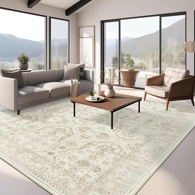 Area Rug 6x9, Washable Rugs, Stain Resistant Gray Area Rugs for Living Room Bedroom Dining Room, Vintage Farmhouse Rug Beige