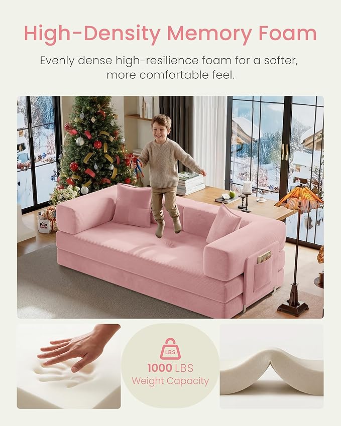 78.8" Convertible Futon Sofa Bed,Corduroy Futon Couch with Storage Pocket,Folding Pull Out Sofa,No Assembly Boneless Couch for Living Room | Pink