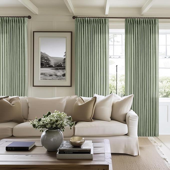 Sage Green Pinch Pleated Linen Curtains 80 Inches Long for Living Room Bedroom Light Filtering Boho Window Drape 80 inch 2 Panels with Hooks Rings Sliding Glass Door Semi Sheer Curtain Light Green