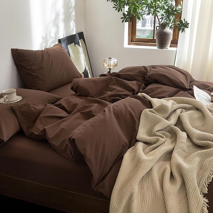 FOSSA Duvet Cover Set 100% Washed Cotton Linen Feel Super Soft Breathable Cozy Simple Style 3 Pieces Bedding Sets Solid Cocoa Brown Twin