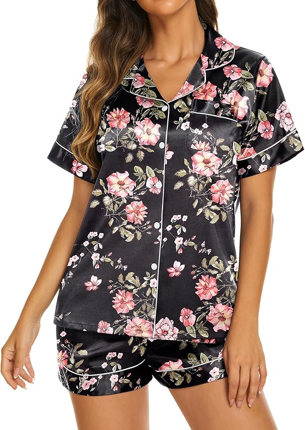 Ekouaer Silk Pajamas for Women Short Sleeve Sleepwear Soft Button Down Loungewear 2 Piece Satin Pjs Shorts Set