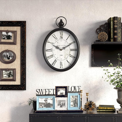Menterry Oval Retro Wall Clock, Rustic Vintage Style, Black Antique Design, Battery Operated Silent Decor Large Wall Clocks for Kitchen,Farmhouse,Office (15.5" H x 10.5" W)