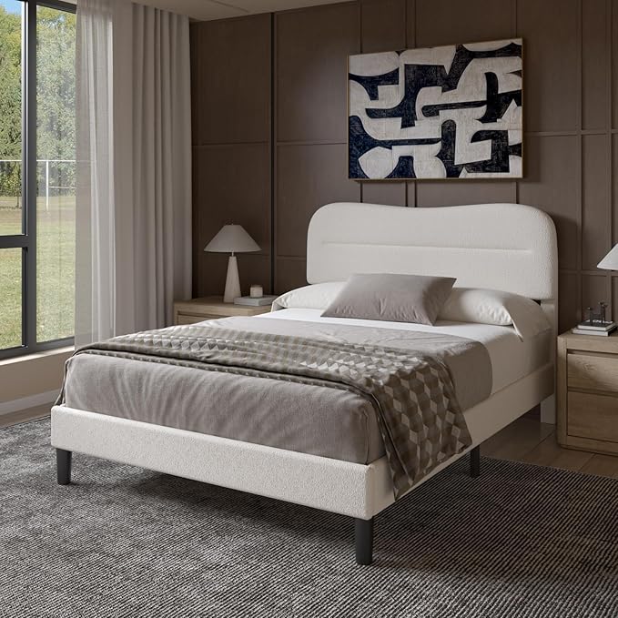 Full Size Bed Frame with Headboard, Teddy Soft Boucle Fabric Bed Frame Full, Soft Cloud Marshmallow Shape Upholstered Headboard, No Box Spring Needed, Noise Free (White)