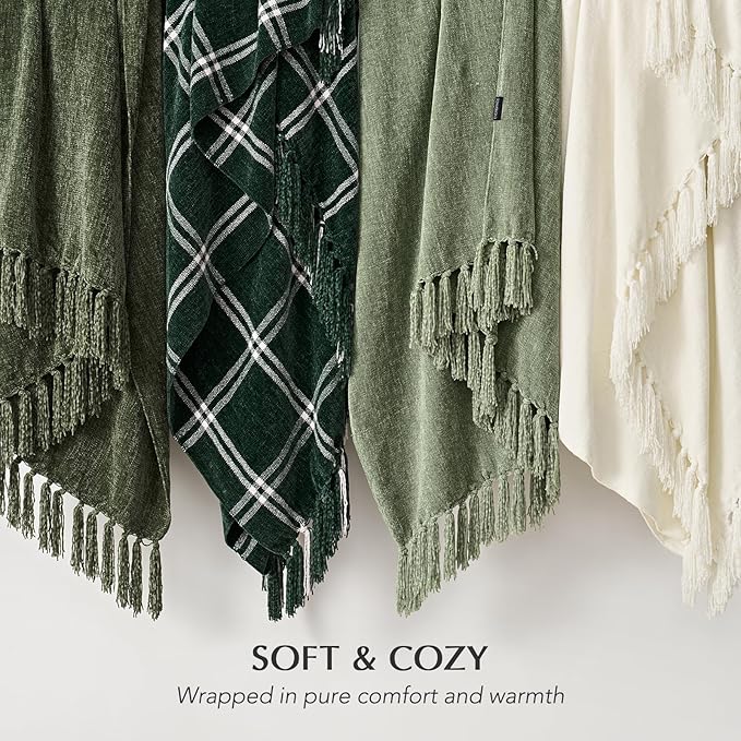 EVERGRACE Soft Chenille Throw Blanket for Couch, Cozy Plush Fuzzy Decorative Chenille Knit Throw Blanket with Tassels, Lightweight Blanket and Throws for Bed Sofa Gift Home Decor, Olive Green 60"x80"