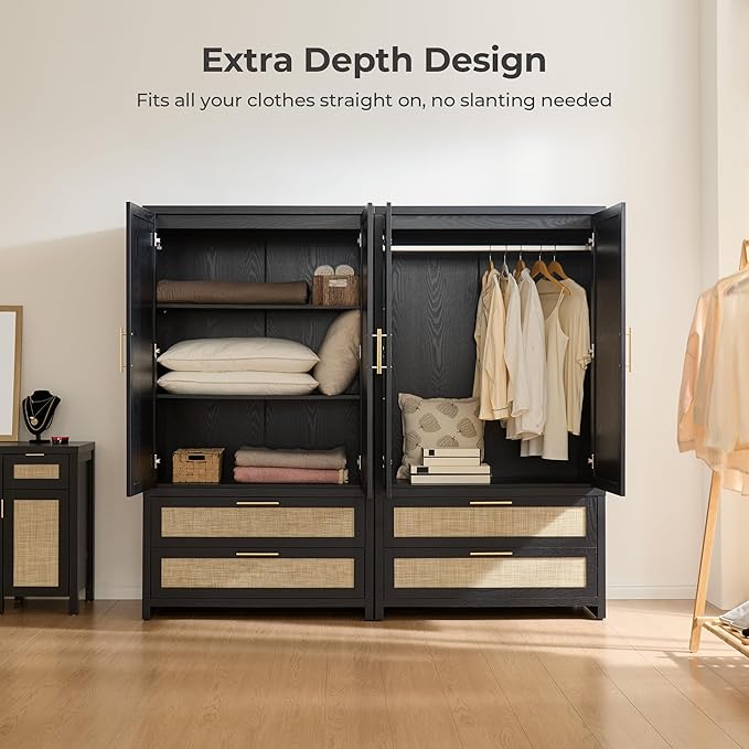 SICOTAS Rattan Armoire Wardrobe Closet Cabinet, 71" Wardrobe Storage Cabinet with Doors, 2 Drawers and Hanging Rod, Boho Large-Capacity Deep Armoire Clothes Organizer for Bedroom, Black Oak