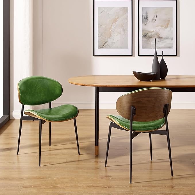 Art Leon Dining Chairs Set of 4, Walnut Bentwood, Mid Century Modern Chair, Green Faux Leather Kitchen Dining Room Chairs with Black Metal Legs, Accent Chairs for Bedroom