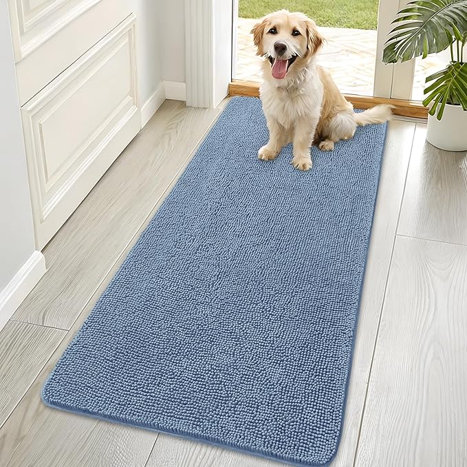 OLANLY Dog Door Mat for Muddy Paws 70x35, Absorbs Moisture and Dirt, Absorbent Non-Slip Washable Doormat, Quick Dry Chenille Mud Mat for Dogs, Entry Indoor Entryway Carpet for Inside Floor, Airy Blue