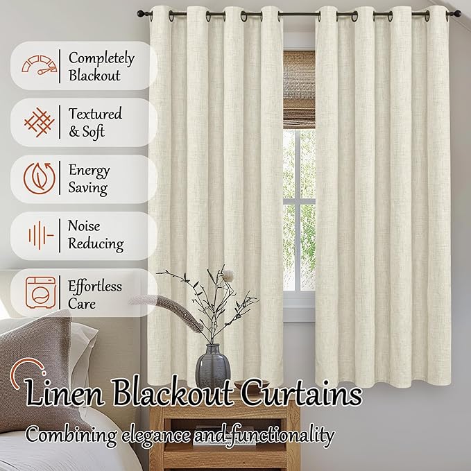 100% Blackout Curtains for Bedroom 63 Inch Length 2 Panels, Thermal Insulated Complete Light Blocking Noise Reducing Linen Window Curtains for Nursery, Bronze Grommet, Each 52" Wide, Natural