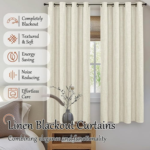 100% Blackout Curtains for Bedroom 63 Inch Length 2 Panels, Thermal Insulated Complete Light Blocking Noise Reducing Linen Window Curtains for Nursery, Bronze Grommet, Each 52" Wide, Natural