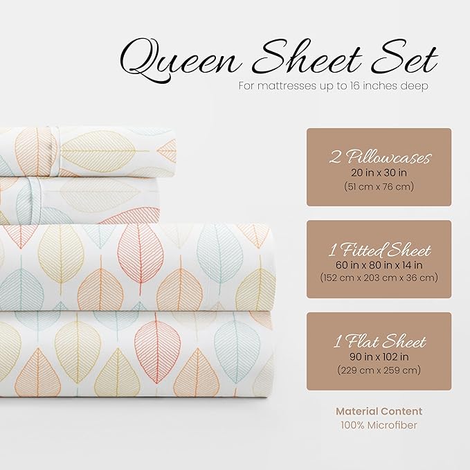 Linen Market Patterned Microfiber Queen Sheet Set 4 Piece – Oeko-TEX Certified Ultra Soft & Wrinkle-Free - 16" Deep Pocket Sheets - Easy Care Queen Size - Fall Foliage Yellow