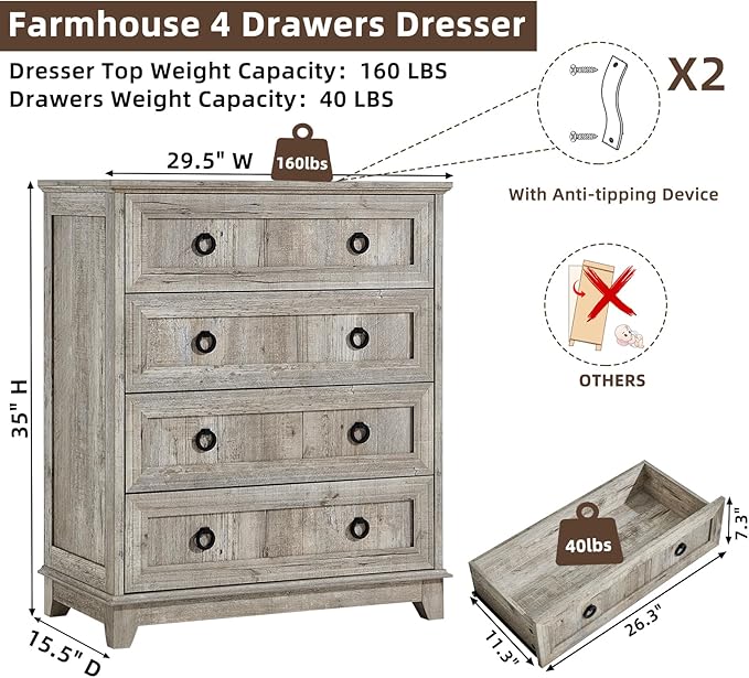 6 Drawer Dresser for Bedroom, 41" Tall Small Dressers & Chest of Drawers, Farmhouse Dresser with Metal Handle, Wood Storage Organizer Closet for Living Room, Hallway, Entryway