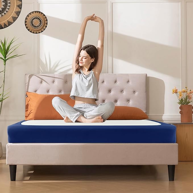 Biscaynebay Decorative Box Spring Cover King & Cal King Size, Navy Luxurious Jersey Knitting Stretchy Wrap Around 4 Sides Bed Skirt for Home/Hotels, Easy Fit Wrinkle & Fade Free Machine Washable