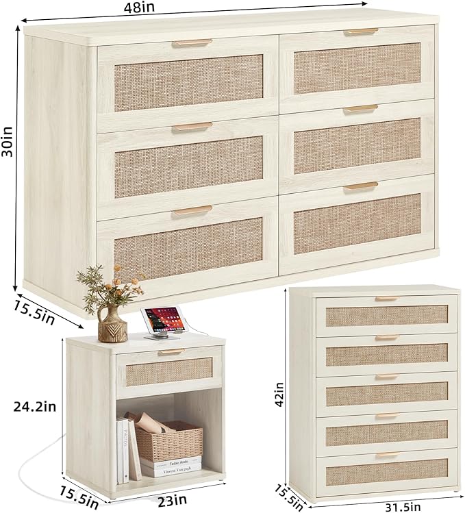 LEYAOYAO Rattan Dresser and Nightstand Set of 3, Boho Wood Dresser for Bedroom with 6 Drawers and Night Stand with Charging Station, Bedroom Furniture, Dressers & Chests of Drawers,Hallway,Living Room