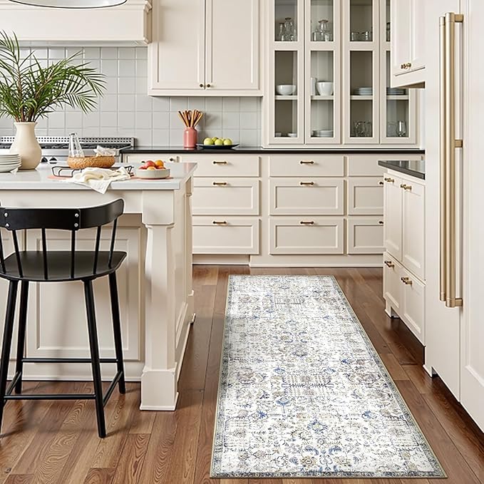 jinchan Kalen Runner Rug 2x6 Washable Hallway Rug Vintage Indoor Thin Retro Floor Cover Distressed Floral Country Lightweight Non Slip Carpet for Entryway Bathroom Kitchen Bedroom Living Room Blue