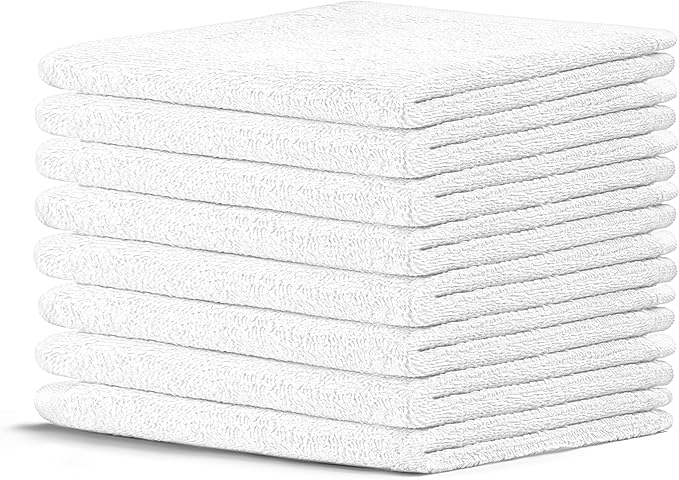 Crystal Ridge 100% Cotton Premium Wash Cloths, 12"x12", 8 Pack, Soft Feel, Absorbent Multipurpose Towels for Bathroom, Kitchen and Gym. Face & Body Washcloths, Bar Towels (8, White)