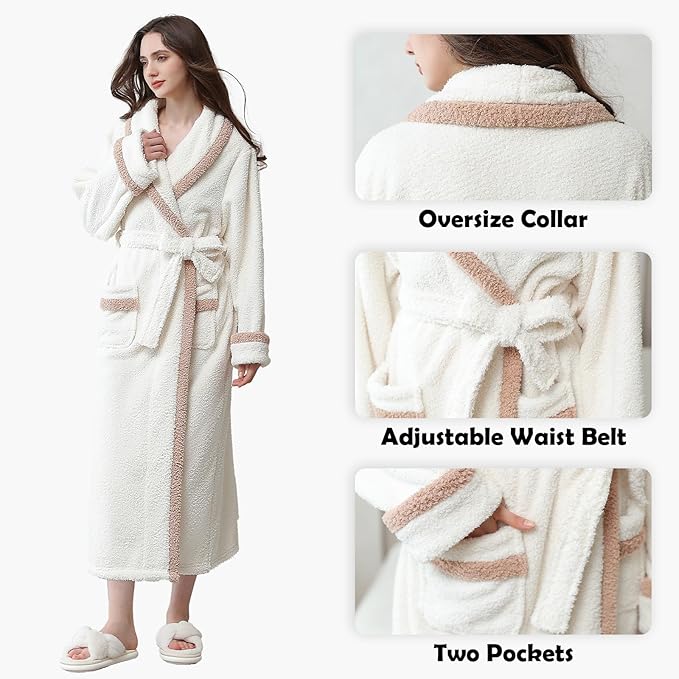 Oksun Womens Long Fleece Robe: Soft Fluffy Warm Bathrobe - Cozy Winter Housecoat Nigthgown with Chic Piping