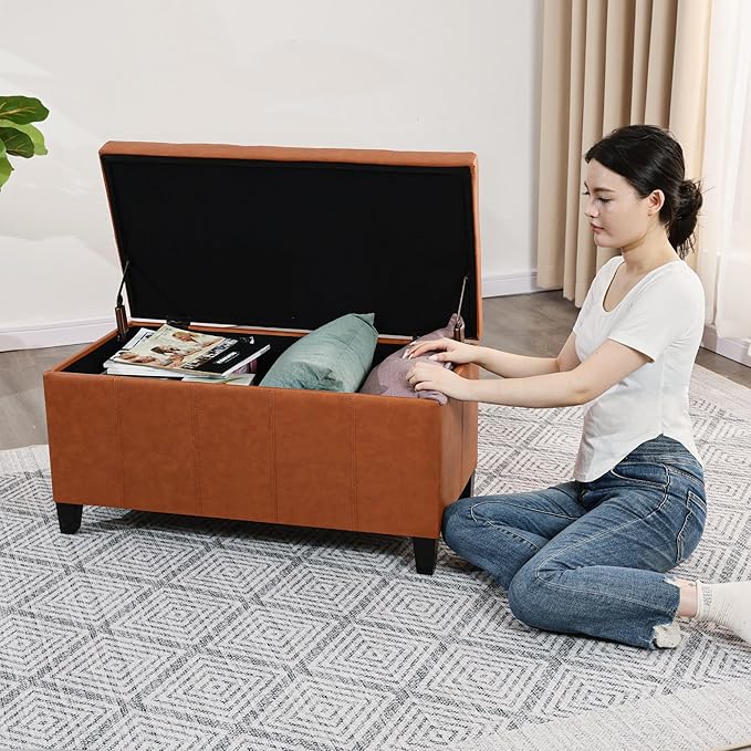 Joveco Storage Ottoman Bench, 33 Inches Faux Leather Rectangle Tufted Foot Stool for End Foot of Bed, Bedroom, Living Room, Ginger