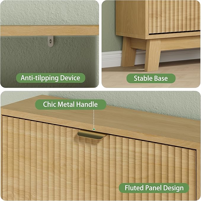 Shoe Cabinet with 2 Flip Drawers, 37" Tall Narrow Fluted Shoe Storage Organizer for Entryway, Hidden Slim Wooden Shoe Rack Cabinet for Front Door Entrance, Hallway, Living Room, Natural Oak