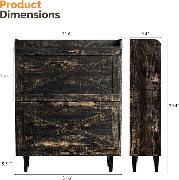 VINGLI Shoe Storage Cabinet for Entryway with 2 Flip Drawers, Ultra Slim Freestanding Entryway Shoe Organizer with Wood Tapered Legs,Hidden Closed Shoe Rack,31.6"W * 9.4"D * 39.4"H, Dark Rustic Oak