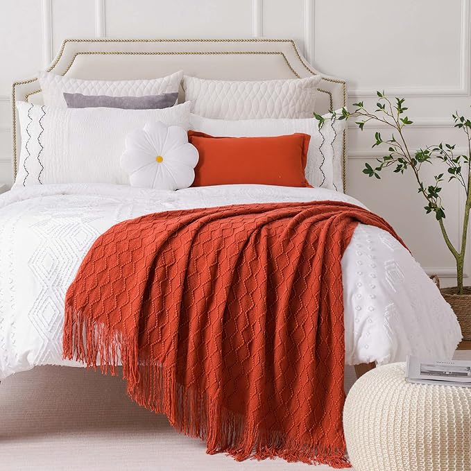 BATTILO HOME Rust Throw Blanket for Couch, 50" x 60", Acrylic Knit Woven Summer Blanket, Lightweight Decorative Soft Nap Throw with Tassel for Chair Bed Sofa Travel Picnic, Suitable for All Seasons