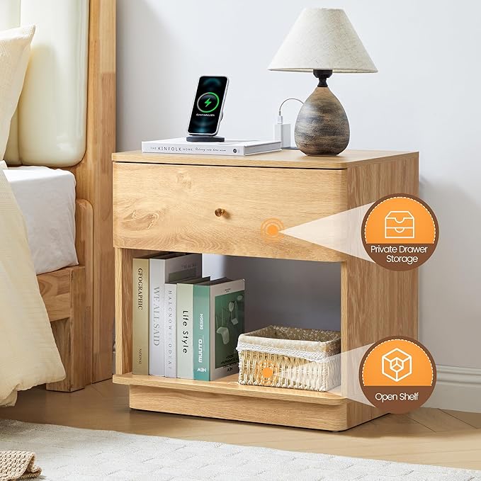 Narrow Nightstand Set of 2, Wooden Small 2 Drawer Nightstand, Slim Side End Table, Skinny Bedside Table, Mid Century Modern Night Stand with Drawers, for Living Room (Natural-Charging Station-2 pcs)