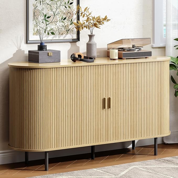 Buffet Cabinet with Storage, Fluted Sideboard Buffet with Sliding Door, Coffee Bar Cabinet with Adjustable Shelf, Console Table, Accent Table for Entryway, Kitchen (Oak, 55 Inch)