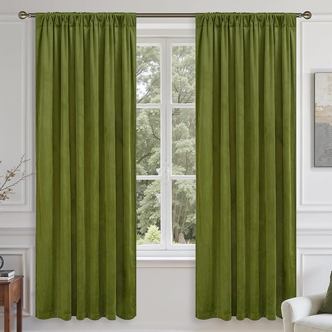 LAMIT Moss Green Velvet Blackout Curtains 72 Inch, Vintage Thermal Insulated Room Darkening Drapes for Living Room Back Tab and Rod Pocket Privacy Window Panels for Bedroom, 2 Panels, 52 x 72 Inch