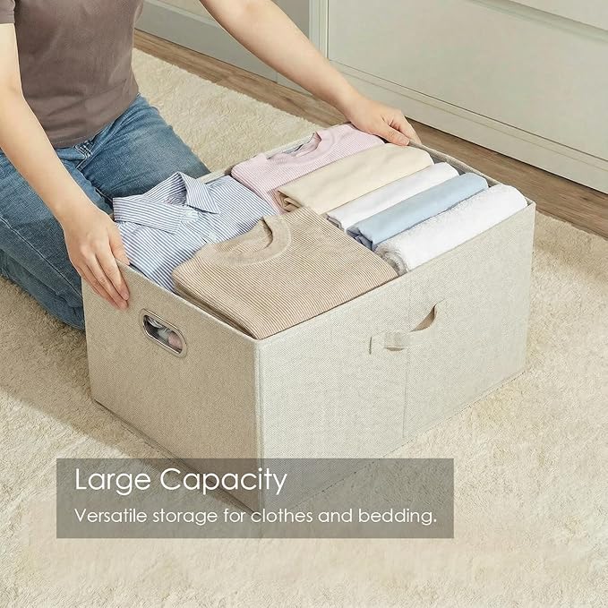 PRANDOM Storage Bins with Lids [3-Pack] Linen Fabric Foldable Storage Boxes Organizer Containers Baskets Cube with Cover Beige (23.4X15.9X11.4)