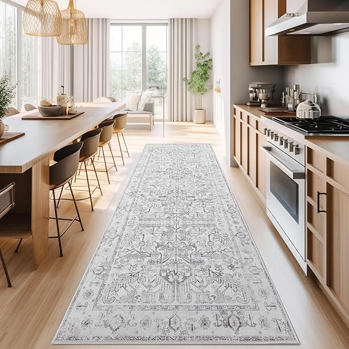 jinchan Lima Kitchen Runner Rug 3x8 - Vintage Floral Machine Washable Non-Slip Hallway Runner Rug with Rubber Backing Ultra-Thin Carpet for Bedroom Laundry Room Farmhouse (3x8ft, Grey)