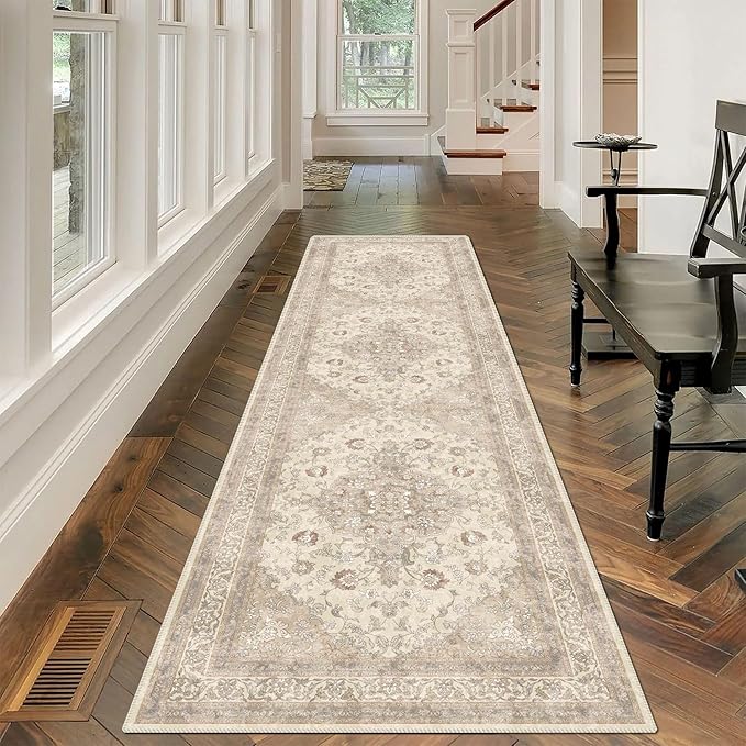vivorug Runner Rug 2'x7' Vintage Floral Washable Non-Slip Runners for Hallways Kitchen Entryway Laundry Room Carpet Hallway Runner Beige