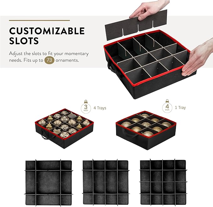 ZOBER All in One Christmas Ornament Storage Box & Decoration Container - Easy Access Removable Trays, Keeps 73 Ornaments - Adjustable Extent Area for Figurines and Pockets for Decoration - Black