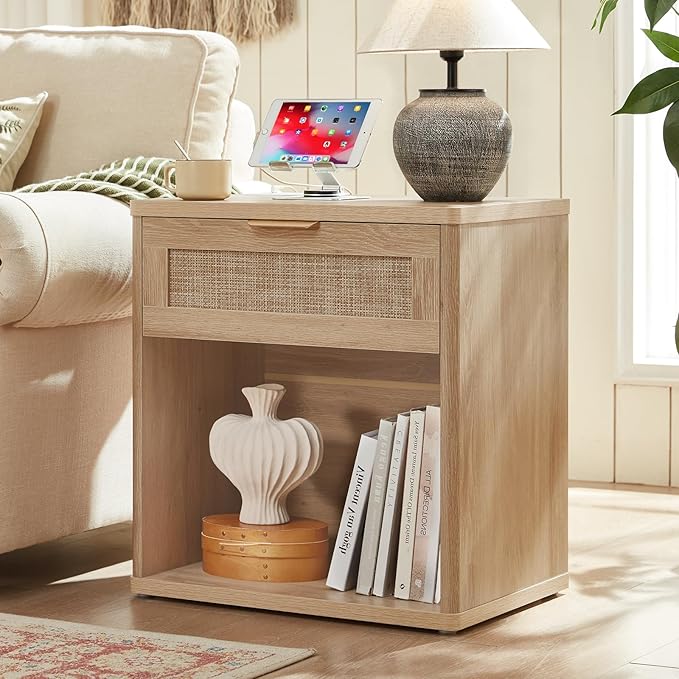 LEYAOYAO Rattan Dresser and Nightstand Sets 3 Piece, Boho Wood Dresser for Bedroom with 6 Drawers and Night Stand with Charging Station, Bedroom Furniture, Dressers & Chests of Drawers, Living Room