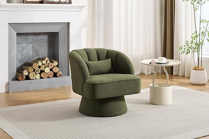 GarveeHome Modern Swivel Barrel Accent Chair, 360° Teddy Fabric Upholstered Armchair with Striped Backrest & Plush Padding, Comfy Round Lounge Chair for Living Room, Bedroom, Reading Nook, Green