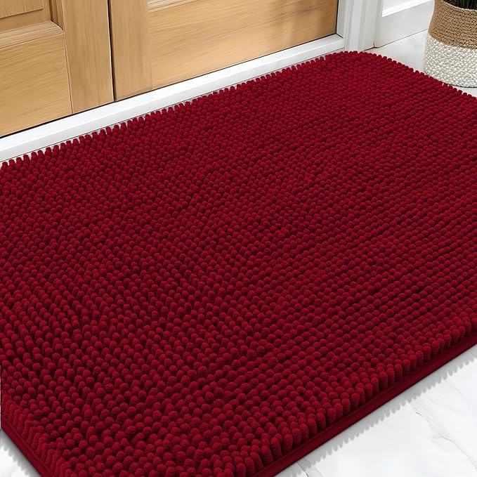 OLANLY Dog Door Mat for Muddy Paws 30x20, Absorbs Moisture and Dirt, Absorbent Non-Slip Washable Doormat, Quick Dry Chenille Mud Mat for Dogs, Entry Indoor Entryway Carpet for Inside Floor, Red