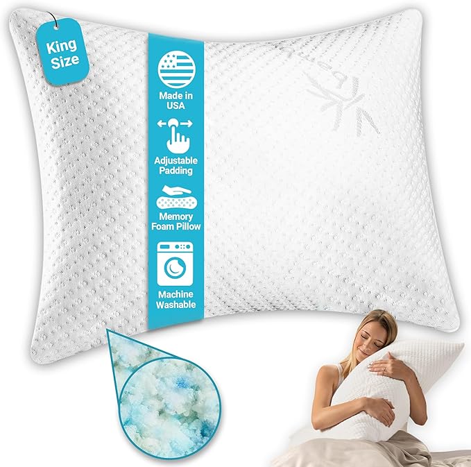 Xtreme Comforts Pillows for Sleeping - GreenGuard Gold Certified Adjustable King Memory Foam Pillow for Side, Back & Stomach Sleepers w/Removable Cooling Zipper Cover - Made in The USA