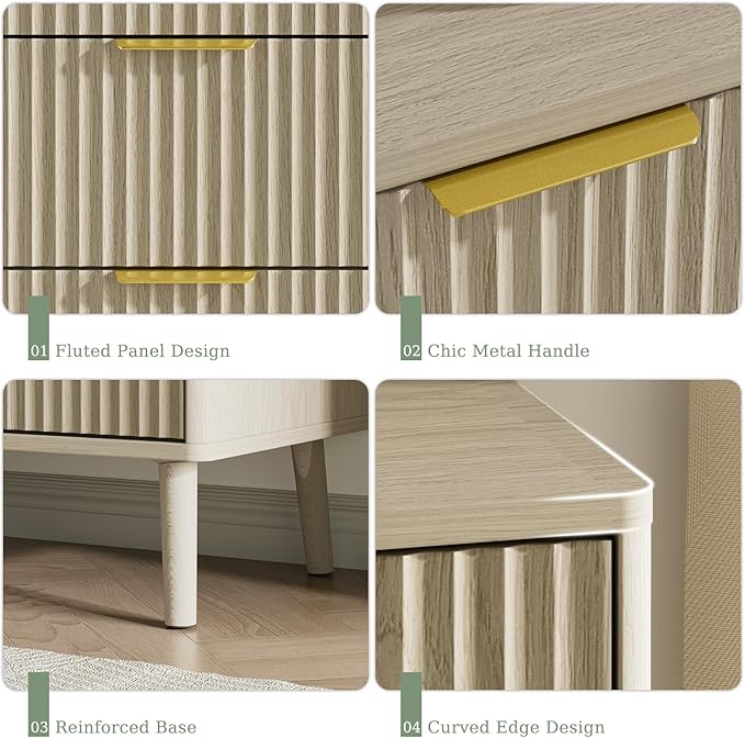 LYNSOM Fluted Dresser and Nightstand Sets 3 Piece, 7-Drawers Dresser and 1-Drawer Nightstands Set of 2, Wood Bedroom Furniture Set for Home, Bedroom, Hallway, Beige