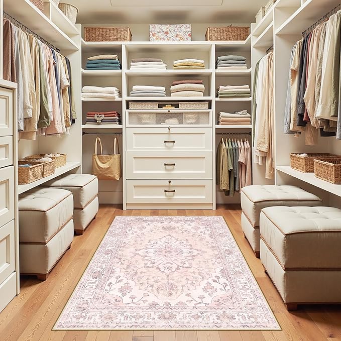 Area Rugs 3'x5' Washable Non-Slip, Floral Vintage Distress Print Pattern Medallion Carpet for Living Room Bedroom Dining Room, Pink Greypink Cute