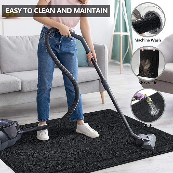 FONEYI Indoor Door Mat, Front Back Door Mat 36" x 59" Non-Slip Rubber Backing Door Rug, Machine Washable Entry Rug, Low Profile Absorbent Dirt Trapper Doormat Inside Floor Mats for Entryway, Black