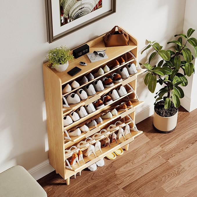 VINGLI Fluted Shoe Storage Cabinet for Entryway with 3 Flip Drawers, Narrow Shoe Organizer with Fluted Panel, Freestanding Wood Hidden Shoe Cabinet for Foyer, Hallway (Oak, 3 Flip Drawers)