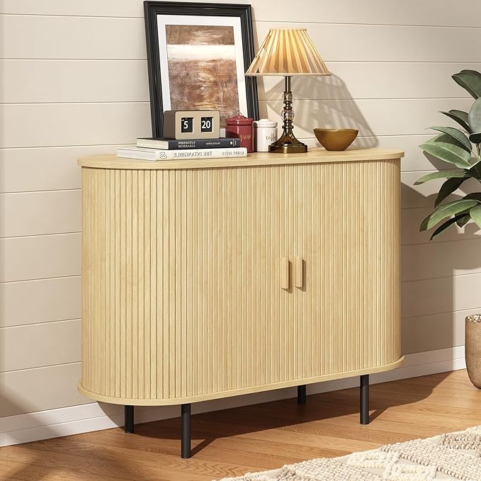 ONBRILL 40" Sideboard Buffet Cabinet with Storage, Storage Cabinet with Sliding Door & Adjustable Shelf, Modern Accent Coffee Bar Console Table for Kitchen, Entryway, Oak