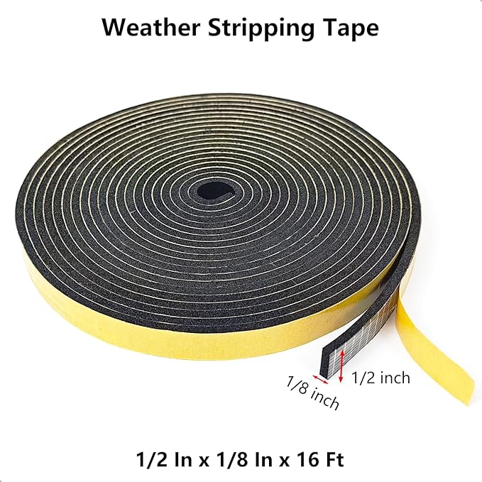 Weather Stripping Door Seal Strip, Strong Adhesive, Weatherproof, Reduce Noise, Gap Filler, Foam Insulation Tape for Doors and Windows (1/2 in x 1/8 in x 16 Ft)