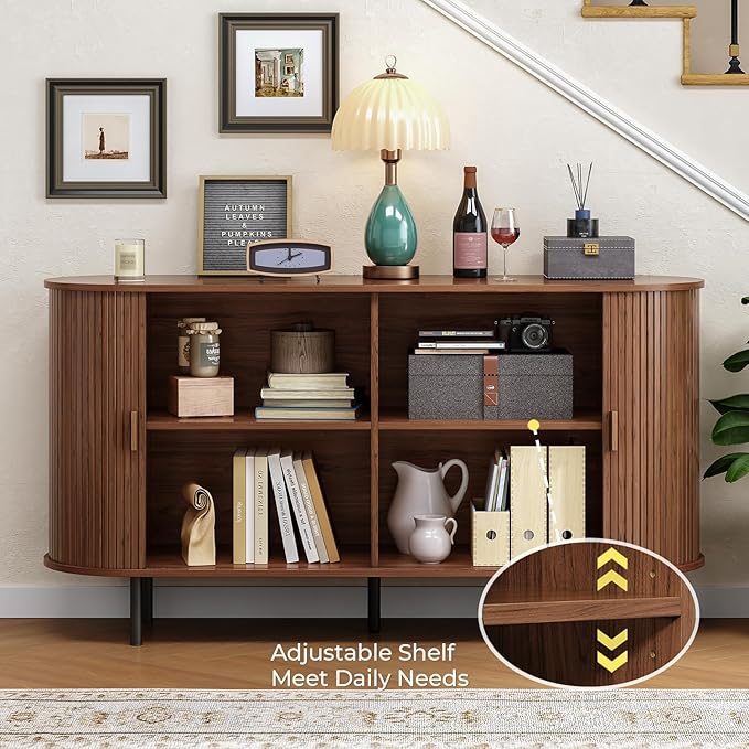 Buffet Cabinet with Storage, 55" Fluted Sideboard Buffet with Sliding Door, Coffee Bar Cabinet with Adjustable Shelf, Console Table, Accent Table for Entryway, Kitchen, Dining Room, Walnut