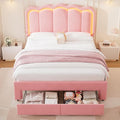 Velvet Upholstered Queen LED Bed Frame with 2 Storage Drawers and Adjustable Chic Double Wavy Headboard, Princess Platform Bed with Charing Station, Solid Wood Slats Support,No Box Spring Needed,Pink