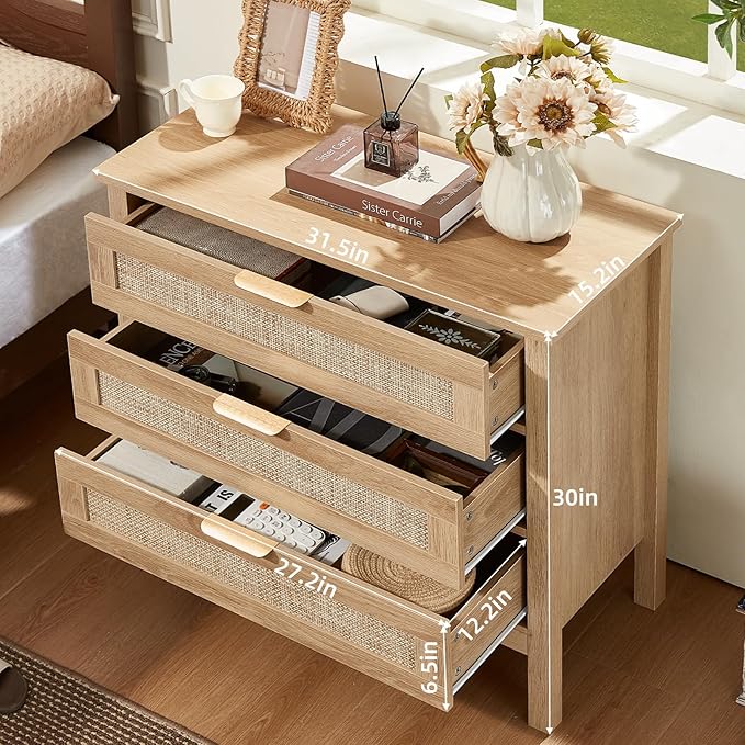 LEYAOYAO 31.5" Wide Rattan Night Stand, Large Boho Nightstand, Bedside Table with Storage, Tall Bed Side End Tables, Chest of Drawers for Bedroom, Living Room, Hallway（Natural,3 Drawers,2）